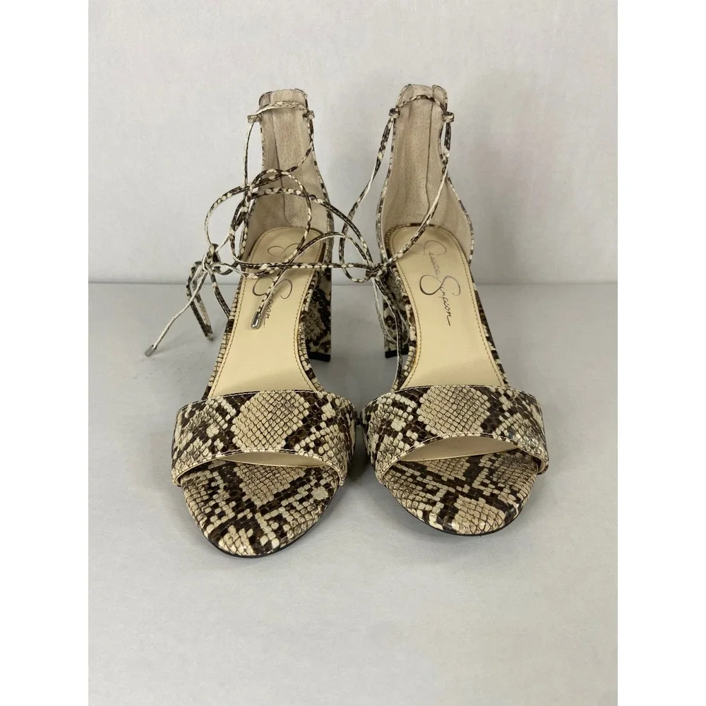 Jessica Simpson Snakeskin Lace Up Block Heel Sandals Brown‎ Tan 8M